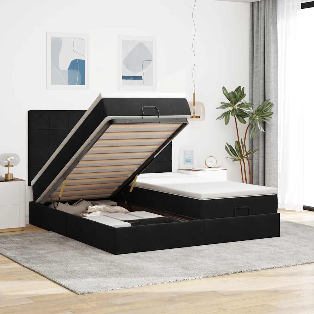 Struttura Letto Pouf con Materassi Nero 160x200 cm in Velluto | homemem39