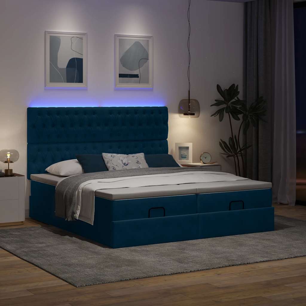 Pouf Letto con Materassi e LED Blu Scuro 200x200cm Velluto