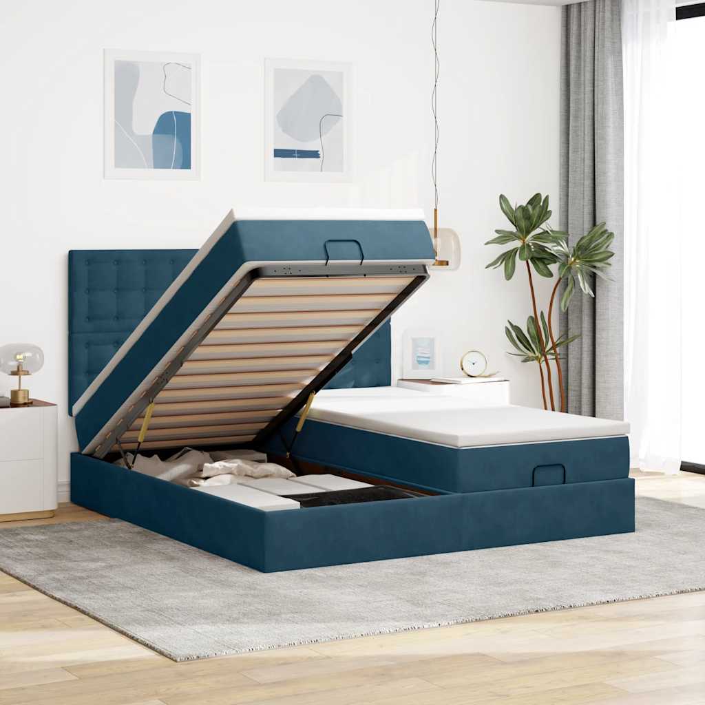 Pouf Letto con Materassi e LED Blu Scuro 200x200cm Velluto