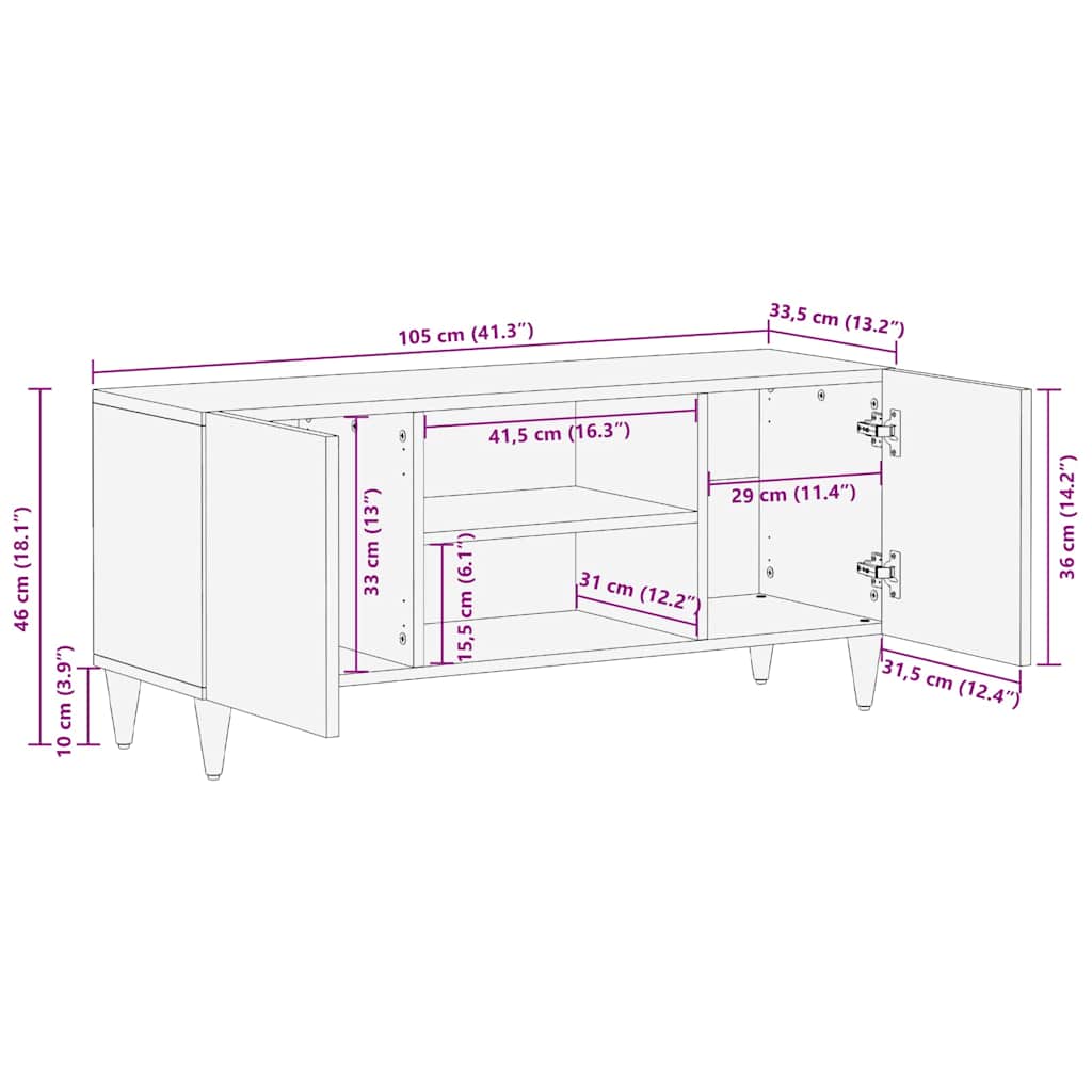 Mobile Porta TV 105x33,5x46 cm in Legno Massello di Mango - homemem39