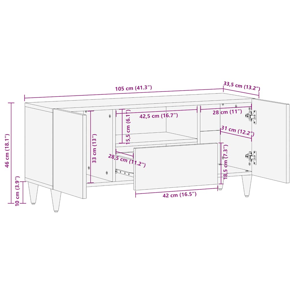 Mobile Porta TV 105x33,5x46 cm in Legno Massello di Mango - homemem39