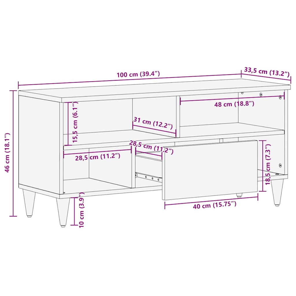 Mobile Porta TV 100x33,5x46 cm in Legno Massello di Mango - homemem39