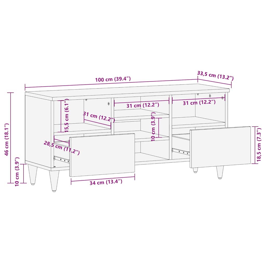 Mobile Porta TV 100x33,5x46 cm in Legno Massello di Mango - homemem39