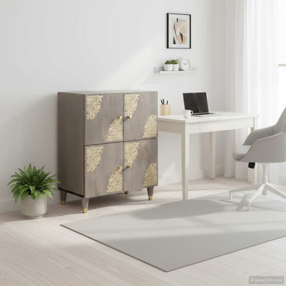 Credenza Grigio e Oro 60 x 33 x 75 cm Legno di mango massello