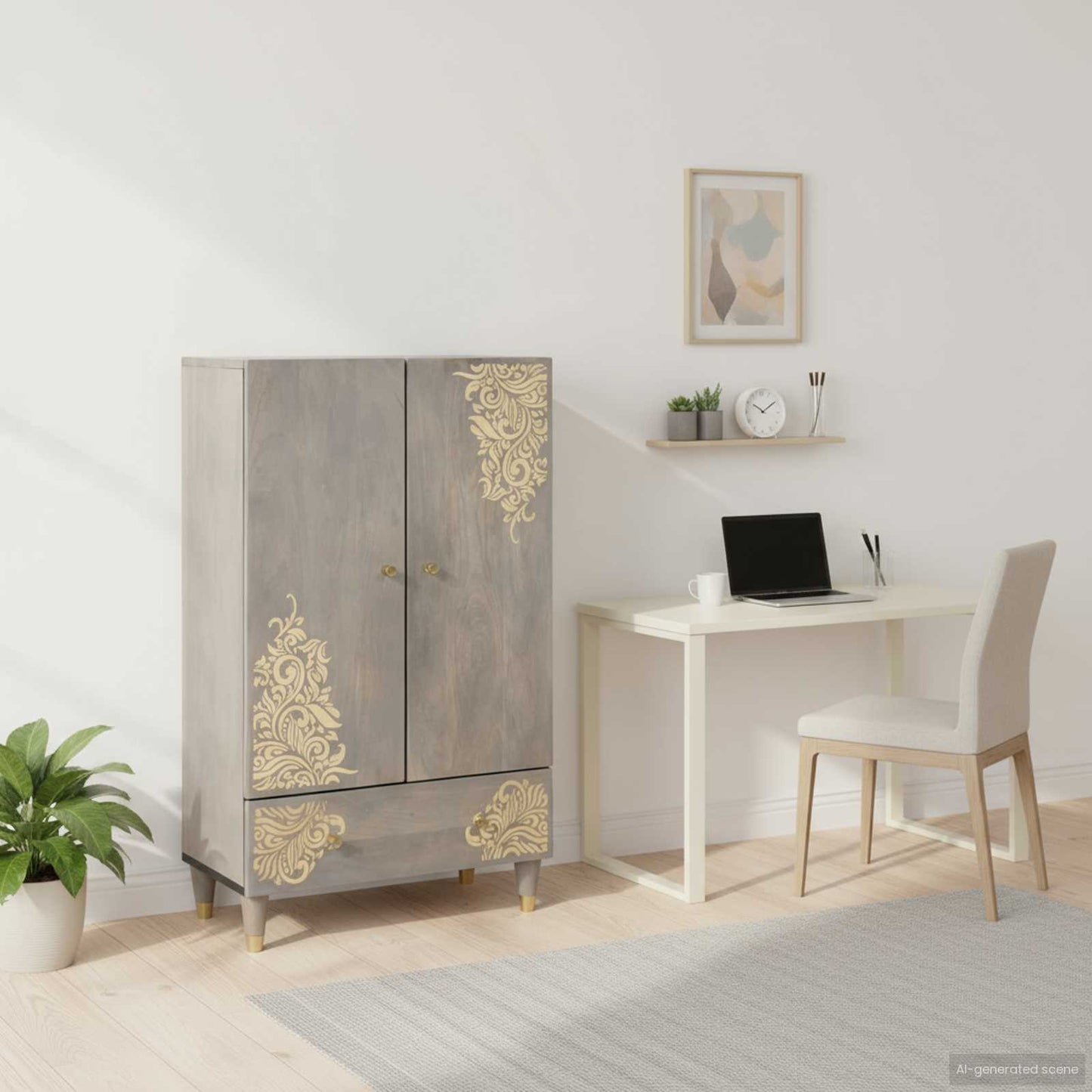 Credenza Grigio e Oro 60 x 33 x 100 cm Legno di mango massello