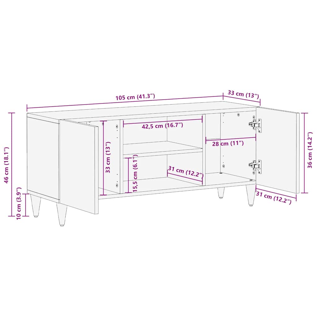 Mobile TV Nero 105 x 33 x 46 cm Legno di mango massello | homemem39