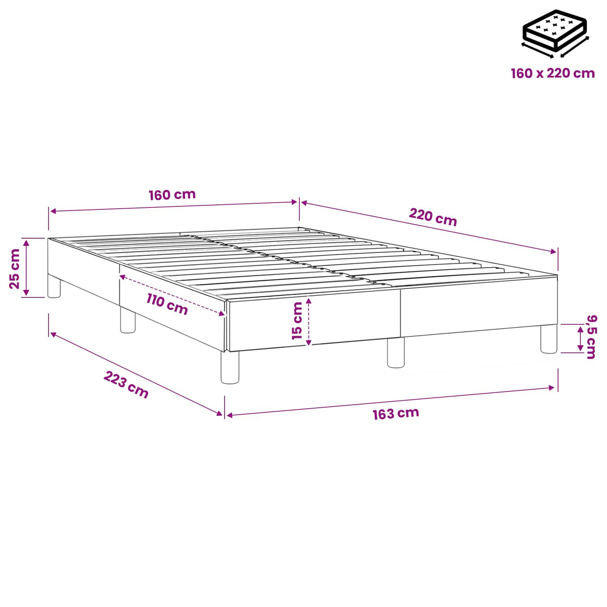 Letto a Molle senza Materasso Grigio Scuro 160x220 cm Velluto | homemem39