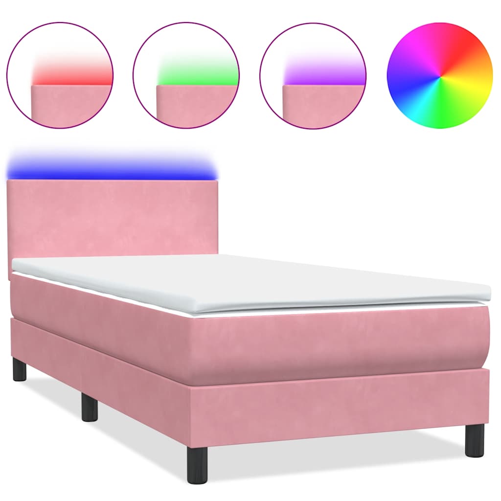 Letto a Molle con Materasso e LED Rosa 90x210 cm Velluto | homemem39