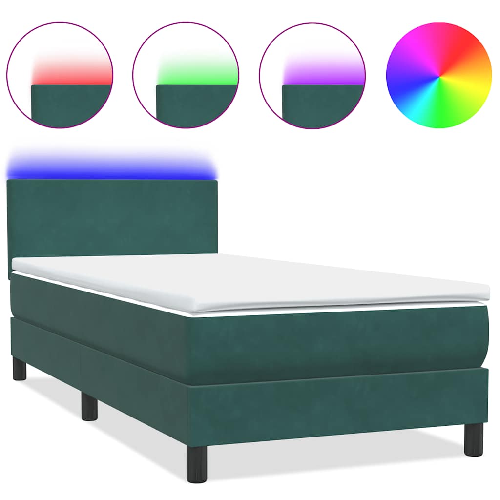 Letto a Molle con Materasso e LED Verde Scuro 80x220 cm Velluto - homemem39