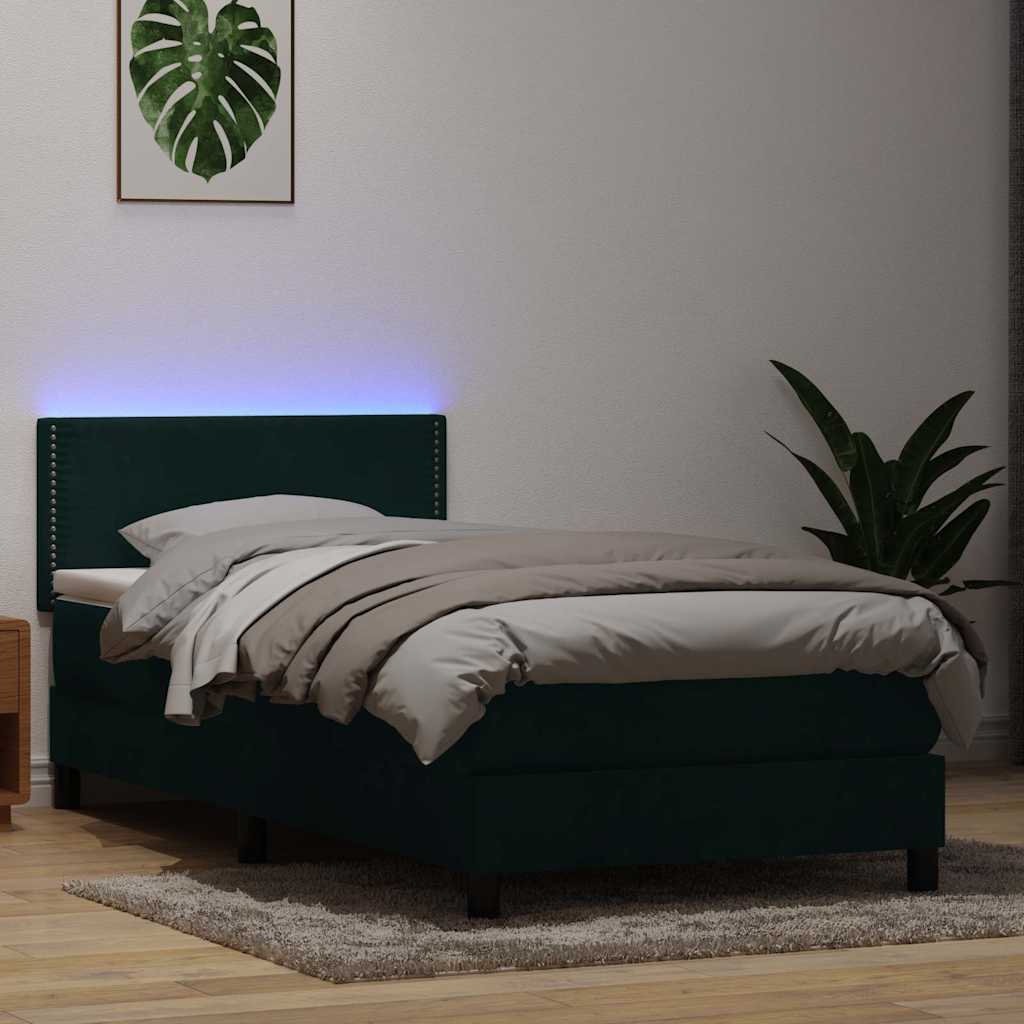 Letto a Molle con Materasso e LED Verde Scuro 80x220 cm Velluto