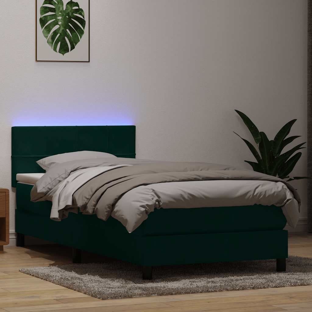 Letto a Molle con Materasso e LED Verde Scuro 80x220 cm Velluto - homemem39