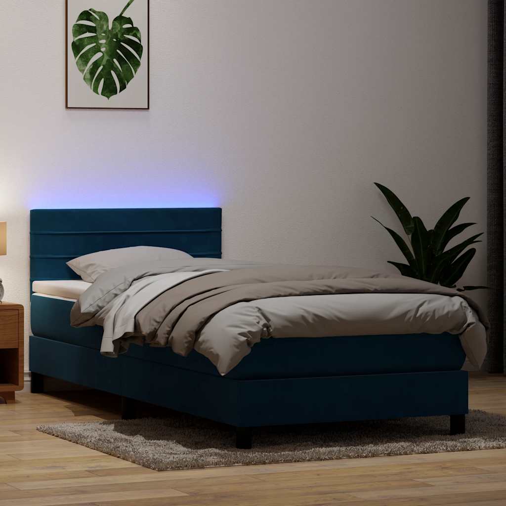 Letto a Molle con Materasso e LED Blu Scuro 80x220 cm Velluto | homemem39