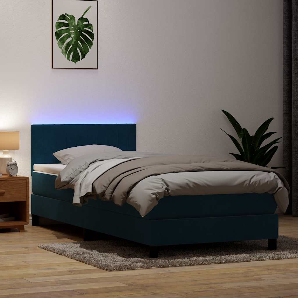 Letto a Molle con Materasso e LED Blu Scuro 80x210 cm Velluto | homemem39