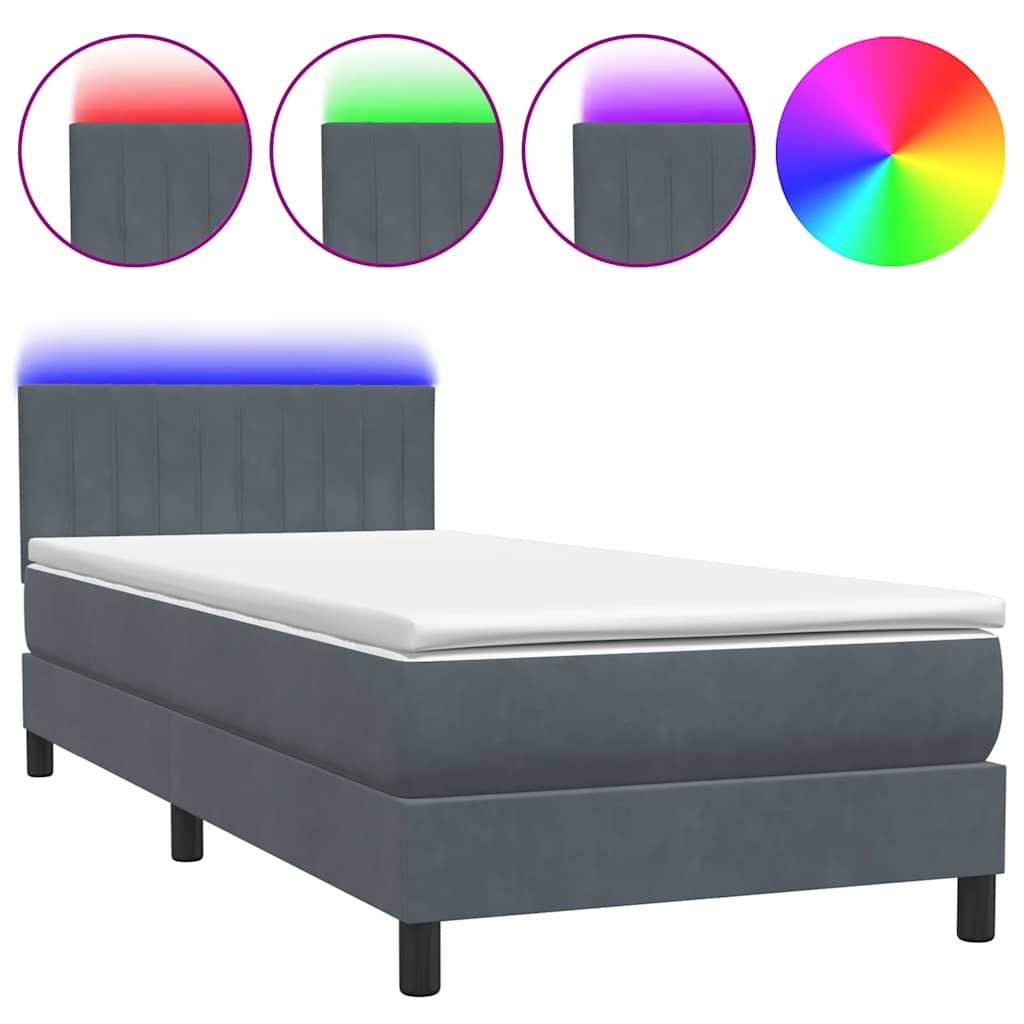 Letto a Molle con Materasso e LED Grigio Scuro 80x220 cm Velluto | homemem39