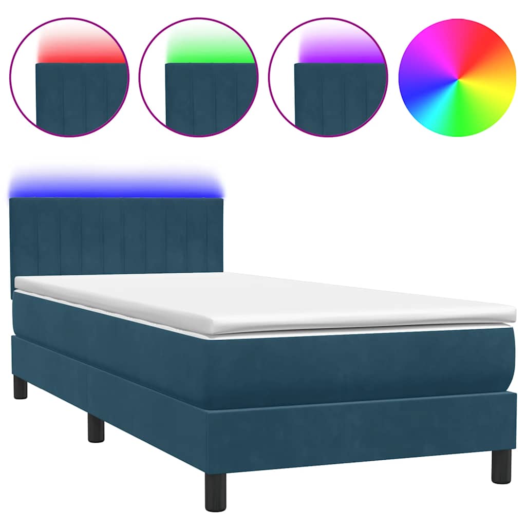 Letto a Molle con Materasso e LED Blu Scuro 80x220 cm Velluto | homemem39