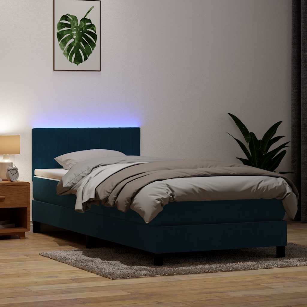 Letto a Molle con Materasso e LED Blu Scuro 80x220 cm Velluto | homemem39