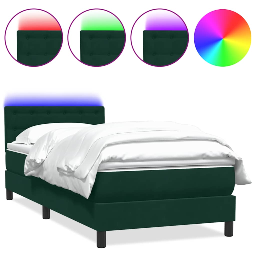 Letto a Molle con Materasso e LED Verde Scuro 80x220 cm Velluto