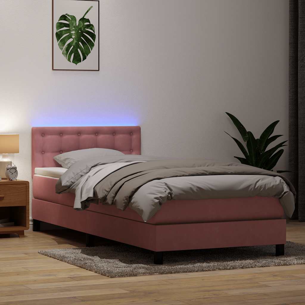 Letto a Molle con Materasso e LED Rosa 100x220 cm in Velluto