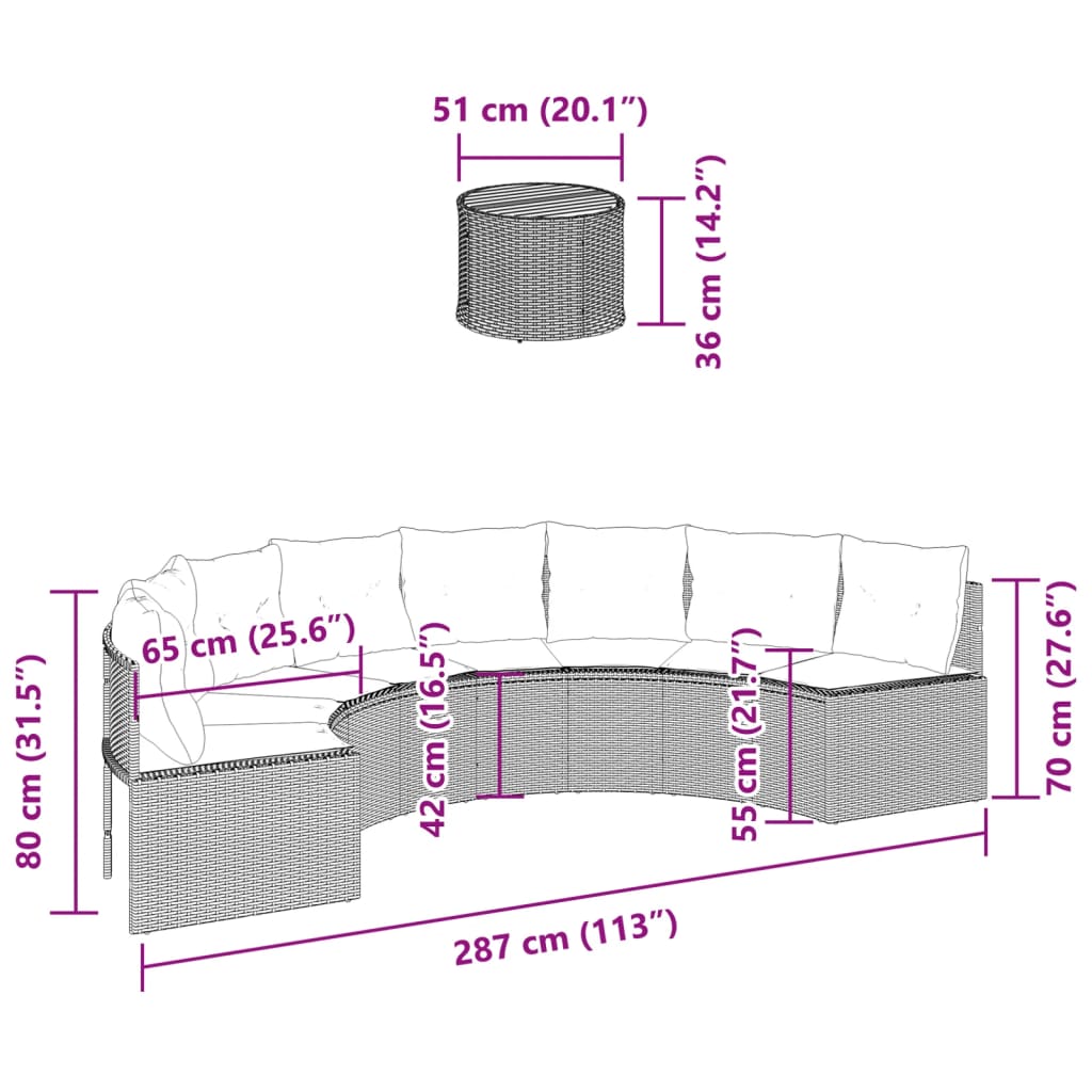 Divano Giardino Tavolo e Cuscini Semicircolare Nero Polyrattan | homemem39