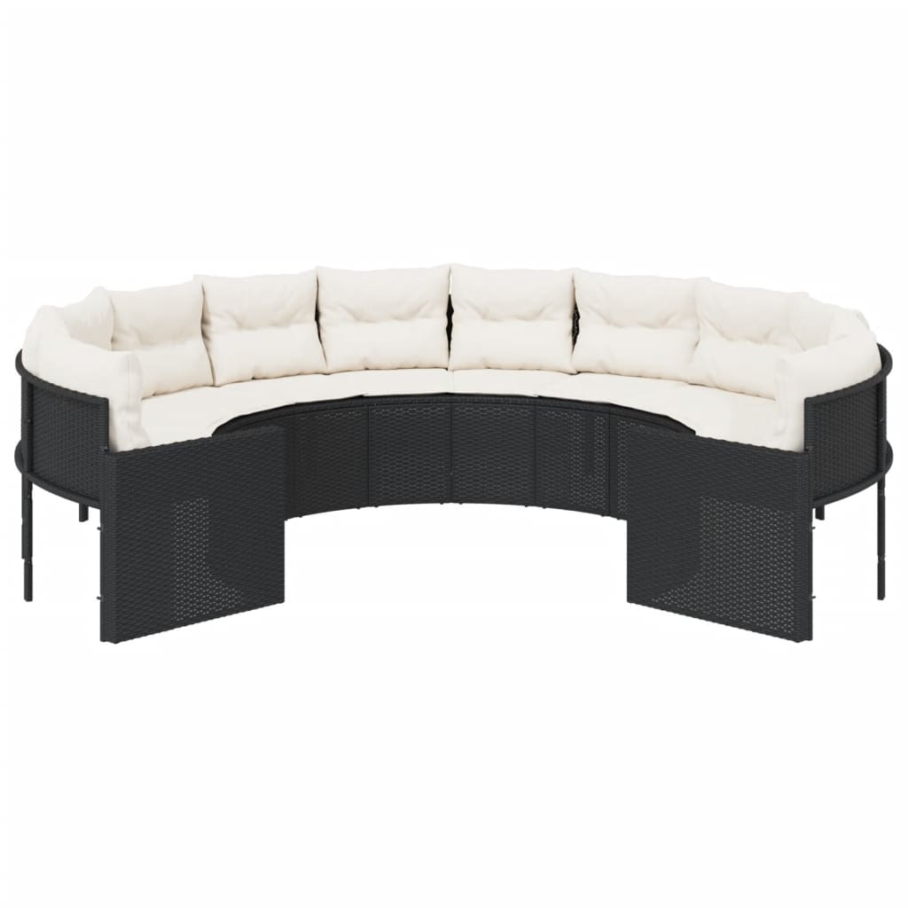Divano da Giardino con Cuscini Circolare Nero in Polyrattan
