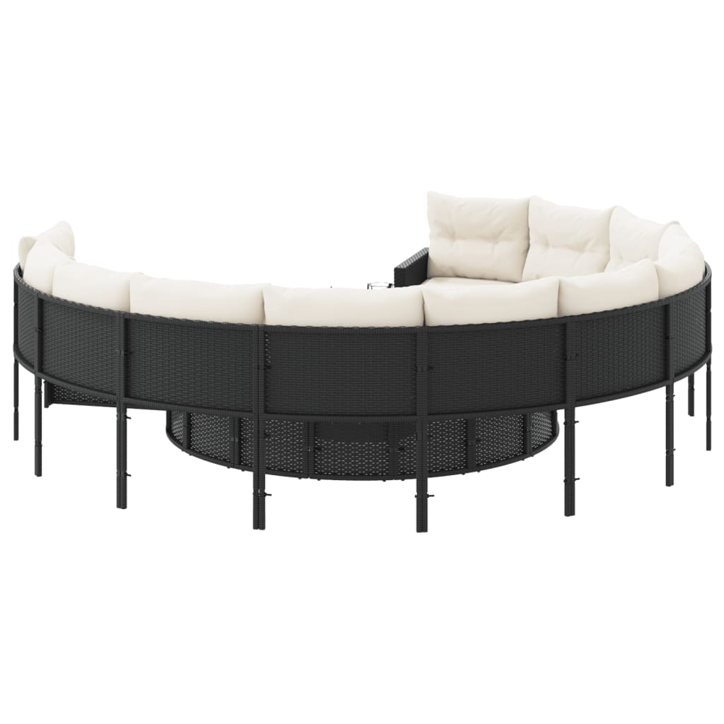 Divano da Giardino con Cuscini Circolare Nero in Polyrattan