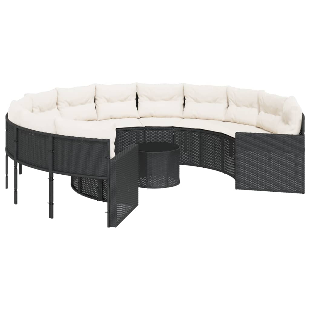 Divano Giardino con Tavolo e Cuscini Circolare Nero Polyrattan | homemem39