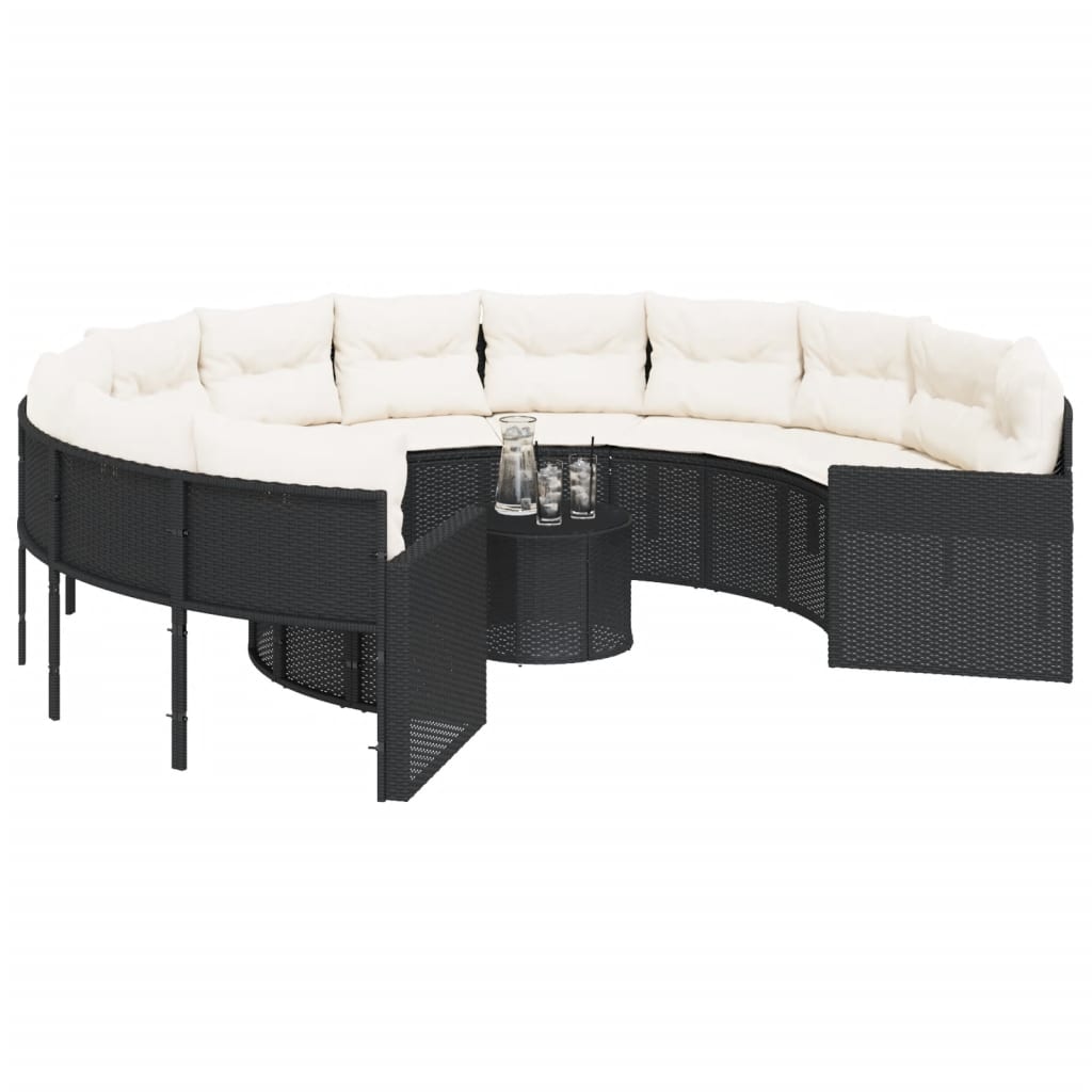 Divano Giardino con Tavolo e Cuscini Circolare Nero Polyrattan | homemem39