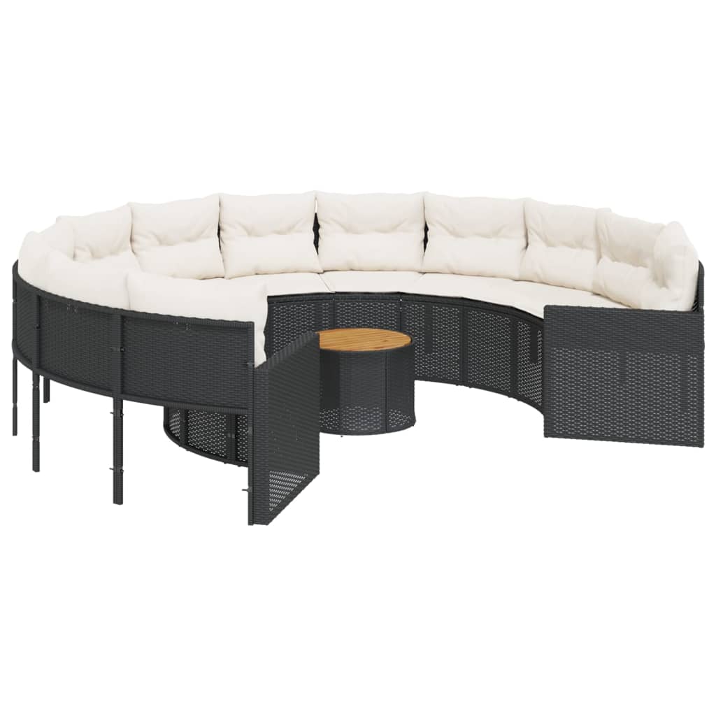 Divano Giardino con Tavolo e Cuscini Circolare Nero Polyrattan | homemem39