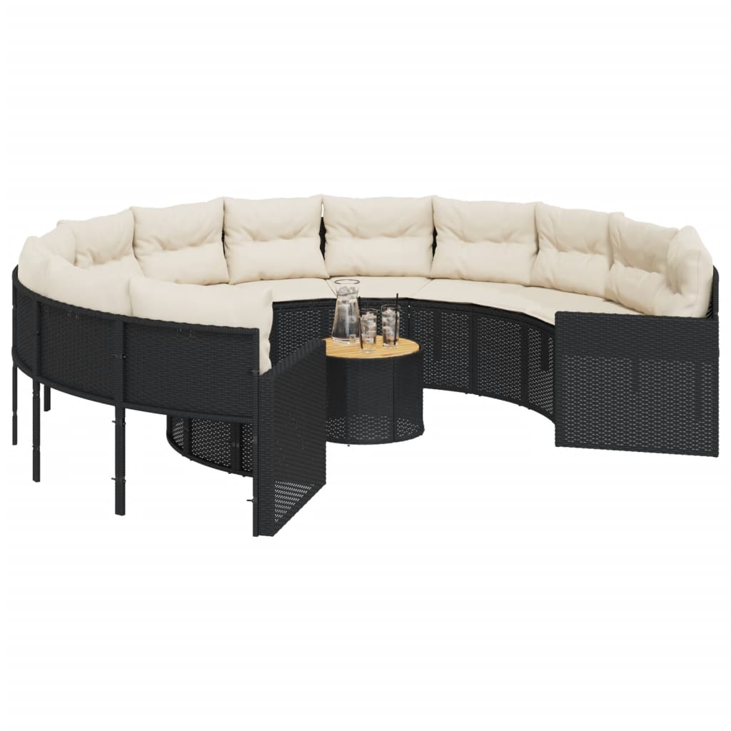 Divano Giardino con Tavolo e Cuscini Circolare Nero Polyrattan | homemem39