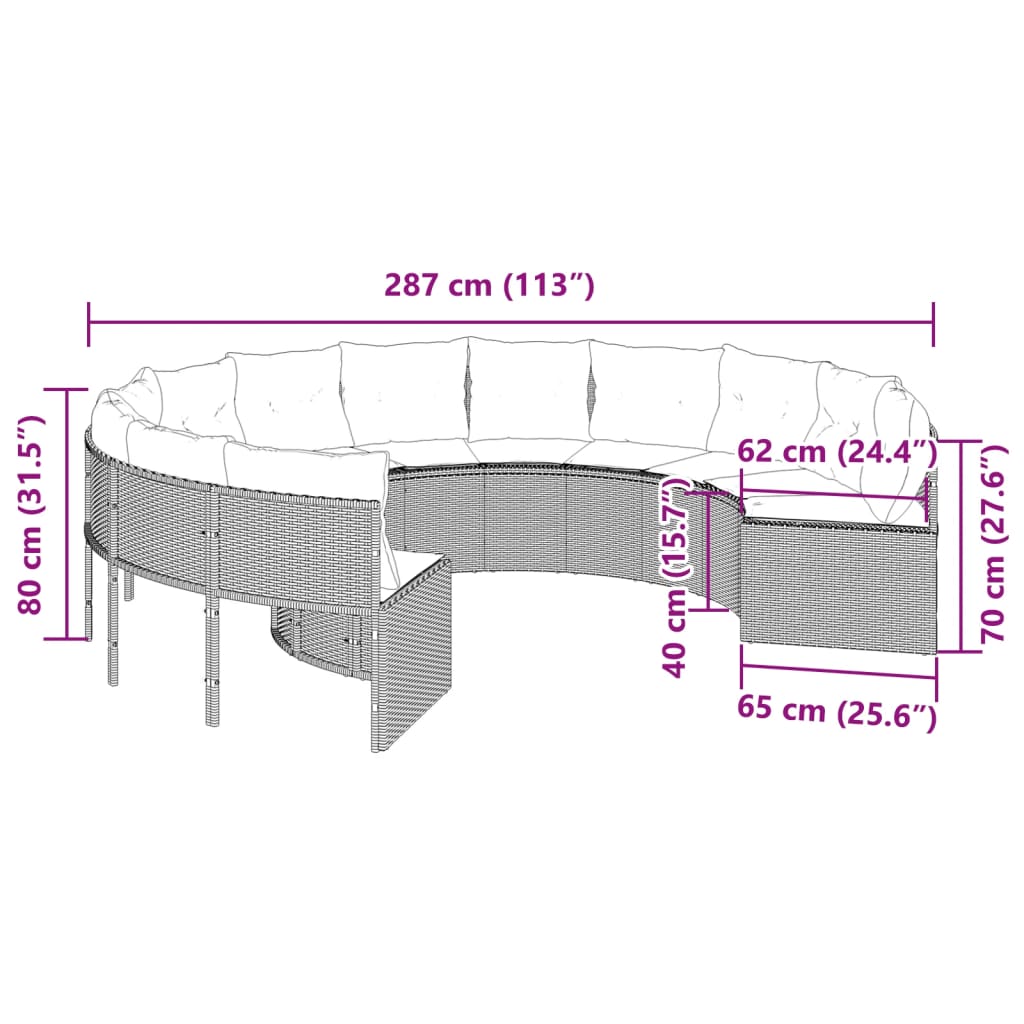 Divano da Giardino con Cuscini Circolare Nero in Polyrattan | homemem39