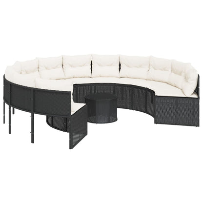 Divano Giardino con Tavolo e Cuscini Circolare Nero Polyrattan | homemem39