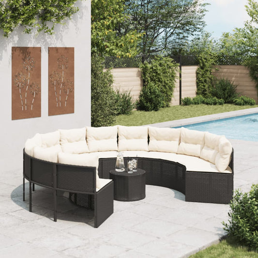 Divano Giardino con Tavolo e Cuscini Circolare Nero Polyrattan | homemem39