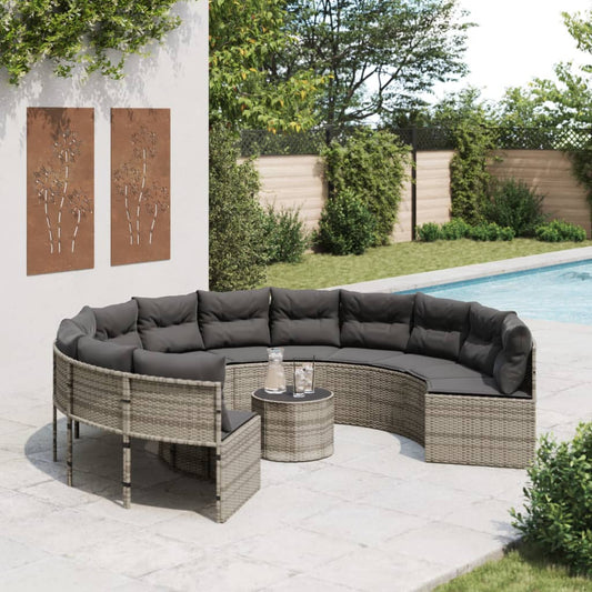 Divano da Giardino Tavolo e Cuscini Circolare Grigio Polyrattan | homemem39