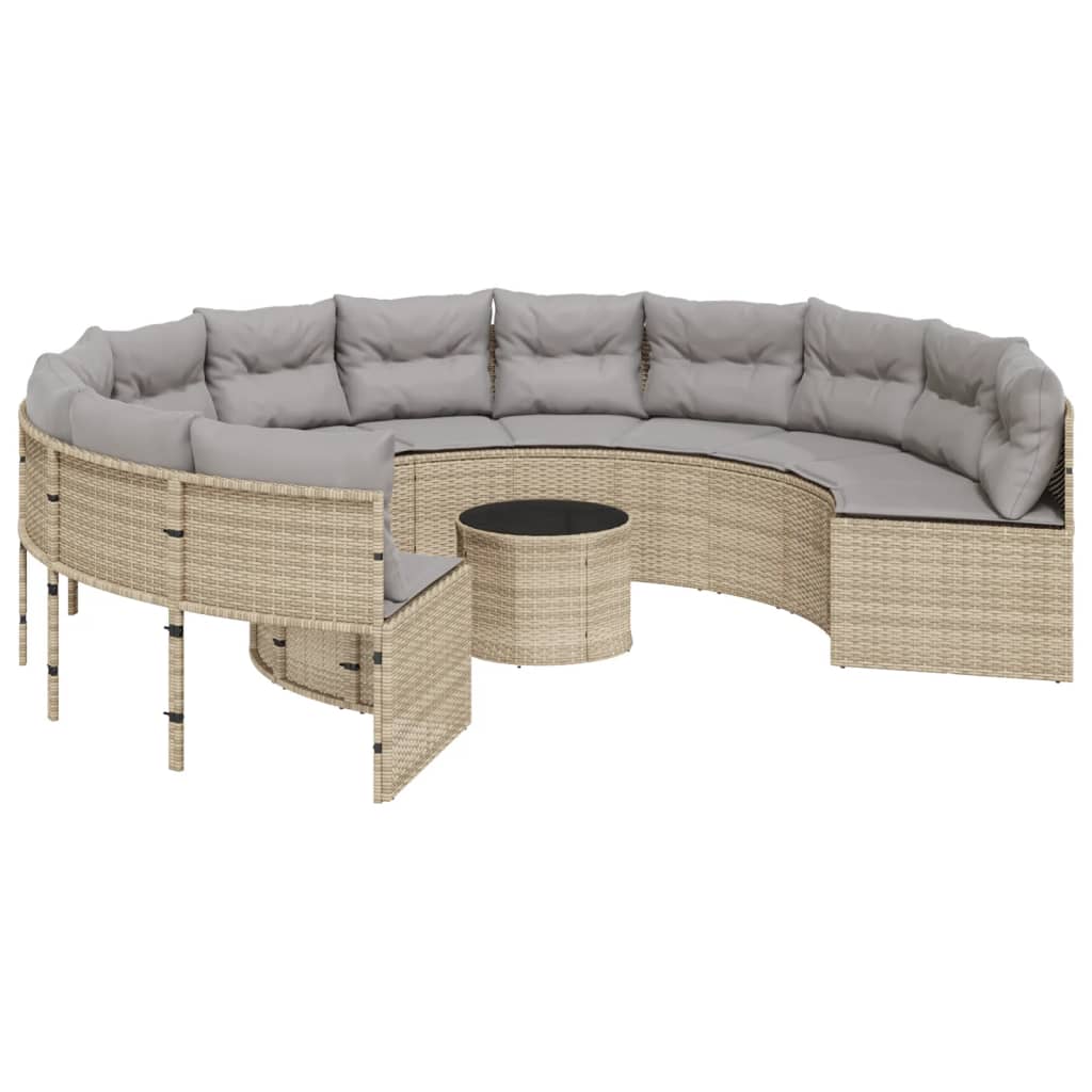 Divano Giardino con Tavolo e Cuscini Circolare Beige Polyrattan | homemem39