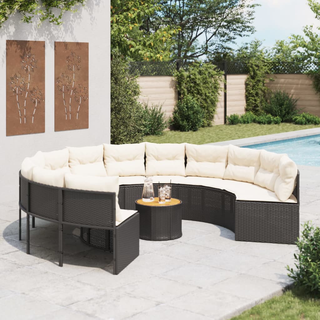 Divano Giardino con Tavolo e Cuscini Circolare Nero Polyrattan | homemem39