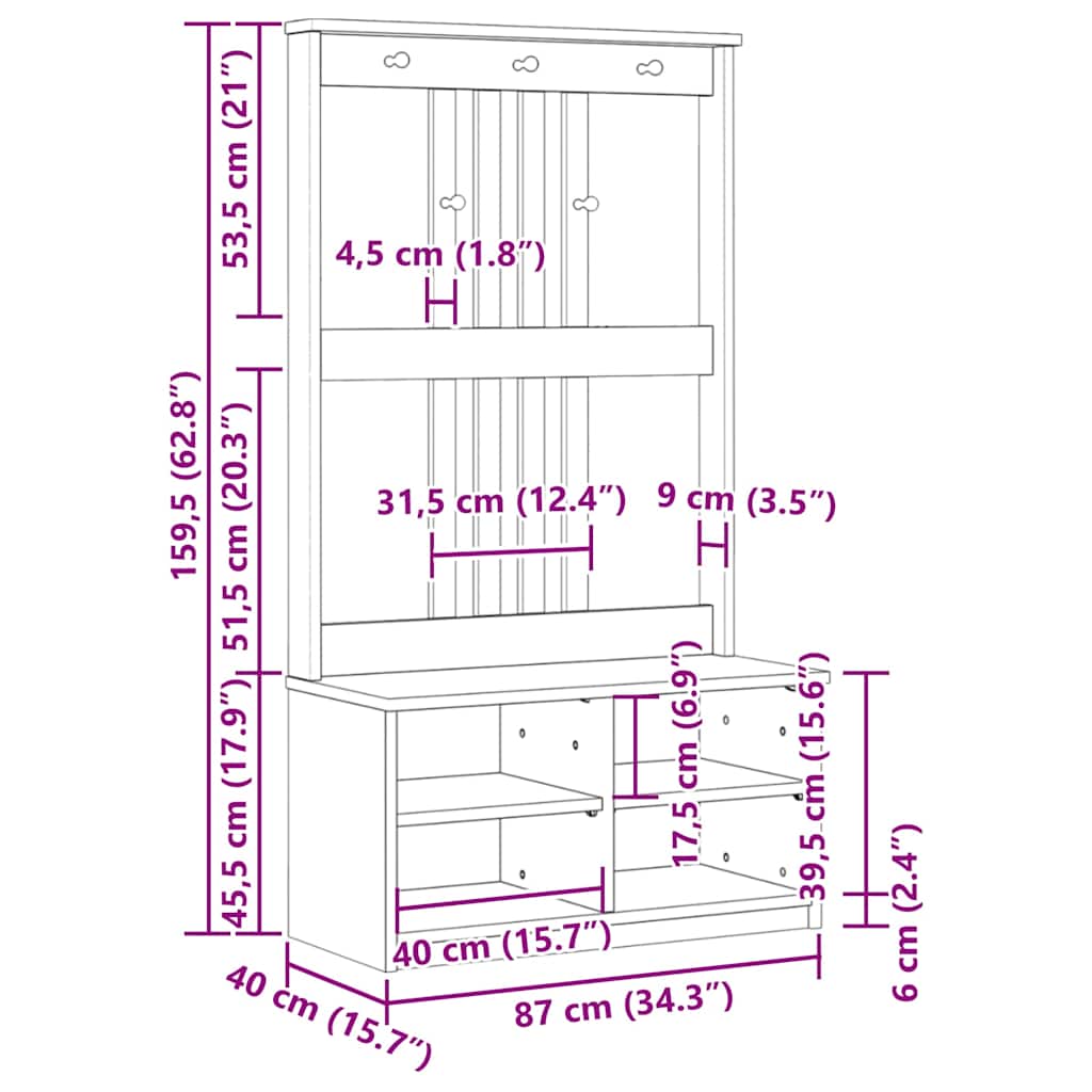 Albero da Ingresso SANDNES 87x40x159,5 cm in Legno di Pino | homemem39