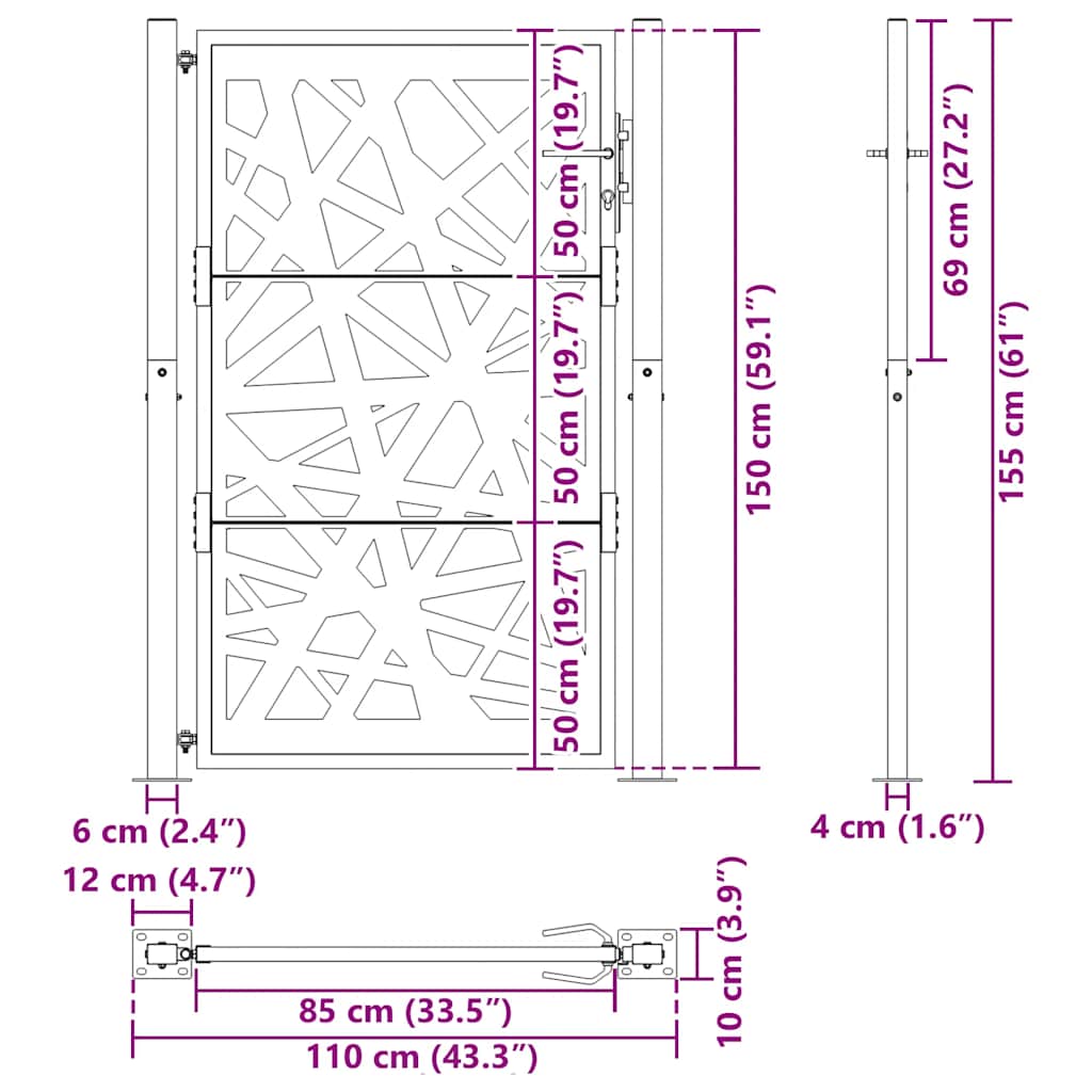 Cancello da giardino nero 100x150 cm in acciaio design leggero | homemem39