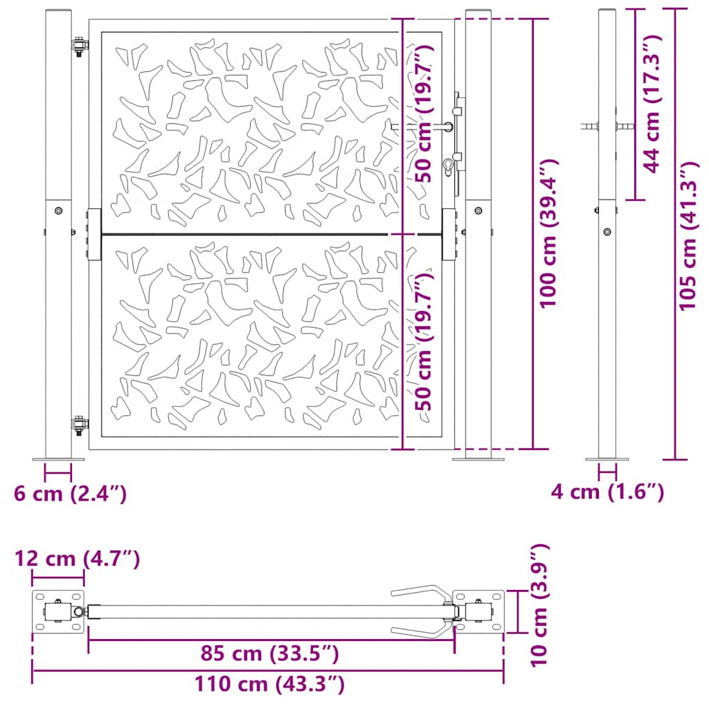Cancello da giardino nero 100x100 cm in acciaio con design a foglia | homemem39