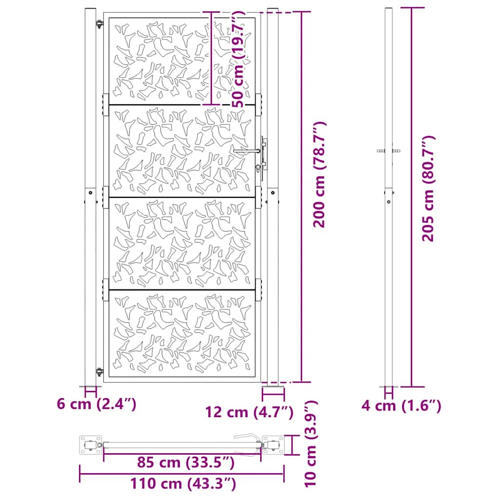 Cancello da giardino nero 100x200 cm in acciaio con design a foglia | homemem39