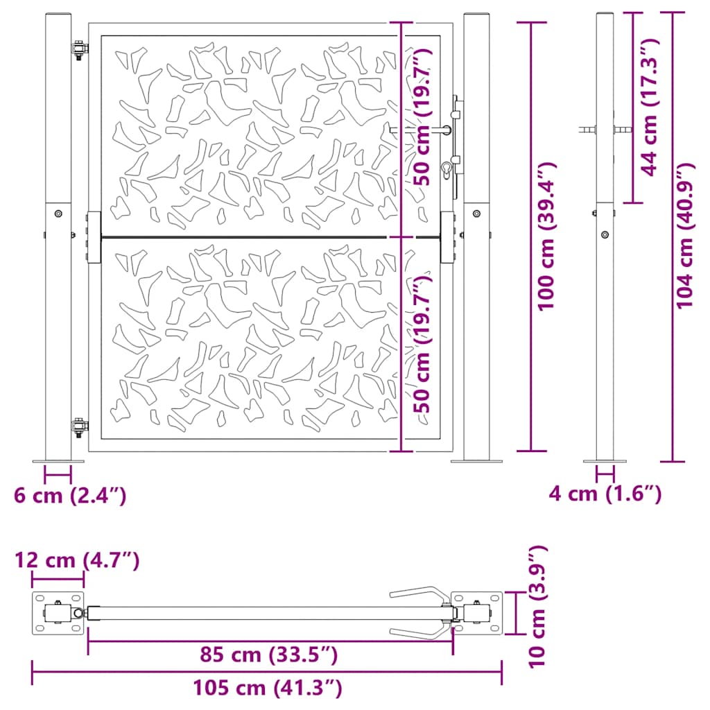 Cancello da giardino 100x100 cm in acciaio corten con design a foglia | homemem39