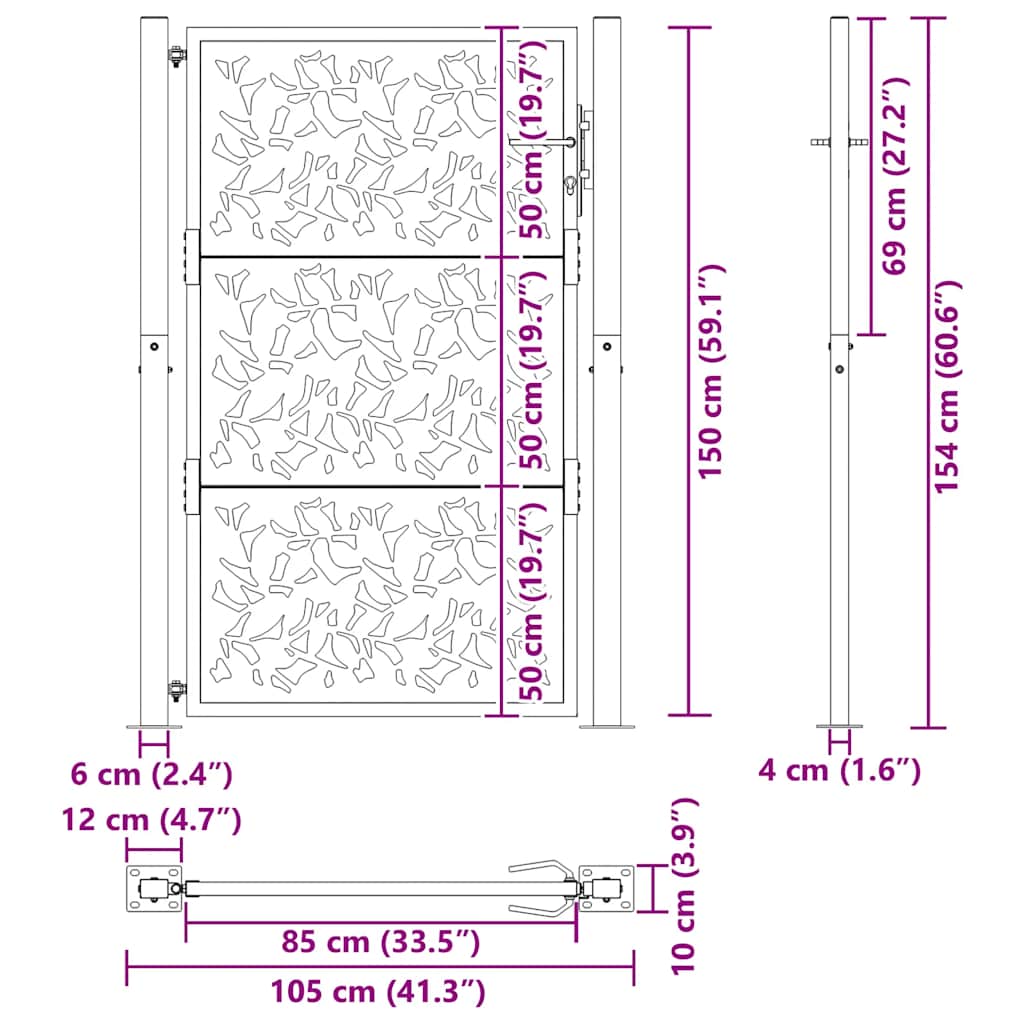 Cancello da giardino 100x150 cm in acciaio corten con design a foglia | homemem39