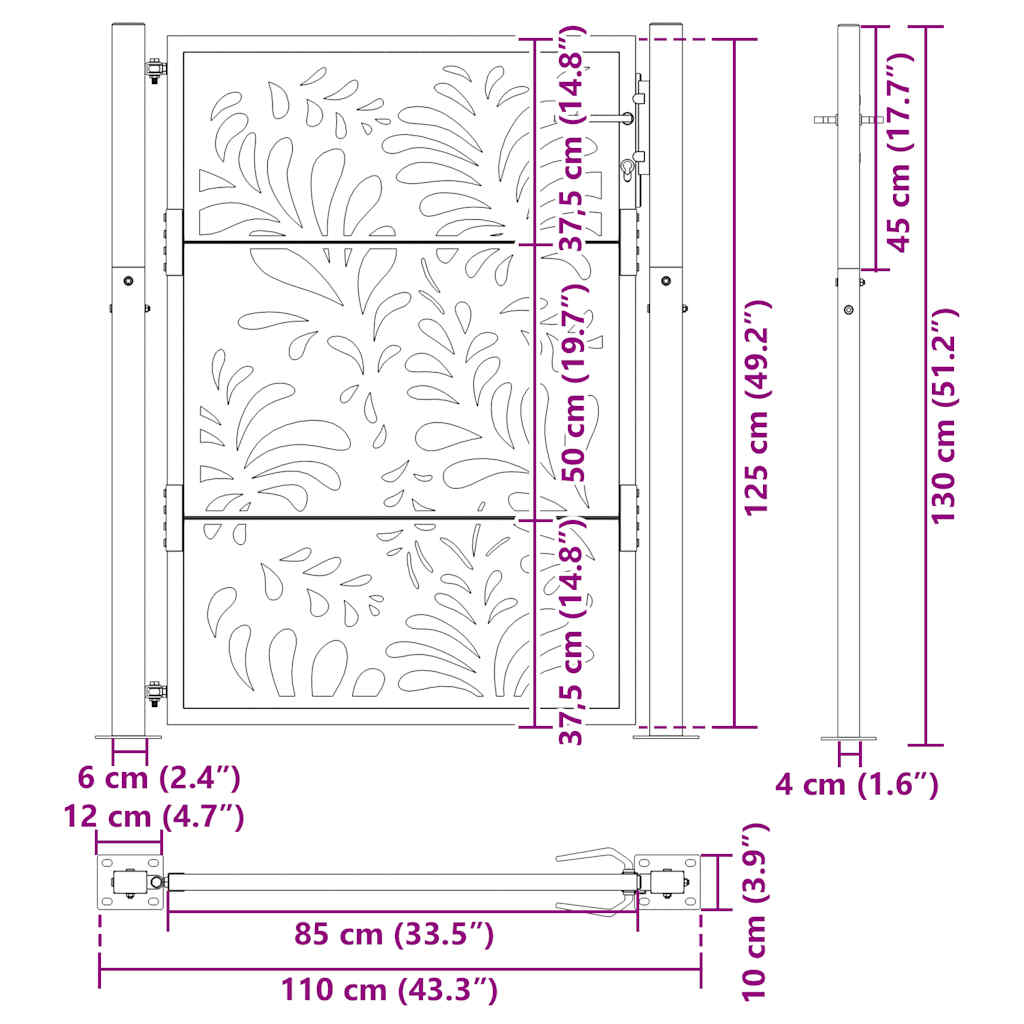 Cancello da giardino nero 100x125 cm in acciaio design ondulato | homemem39