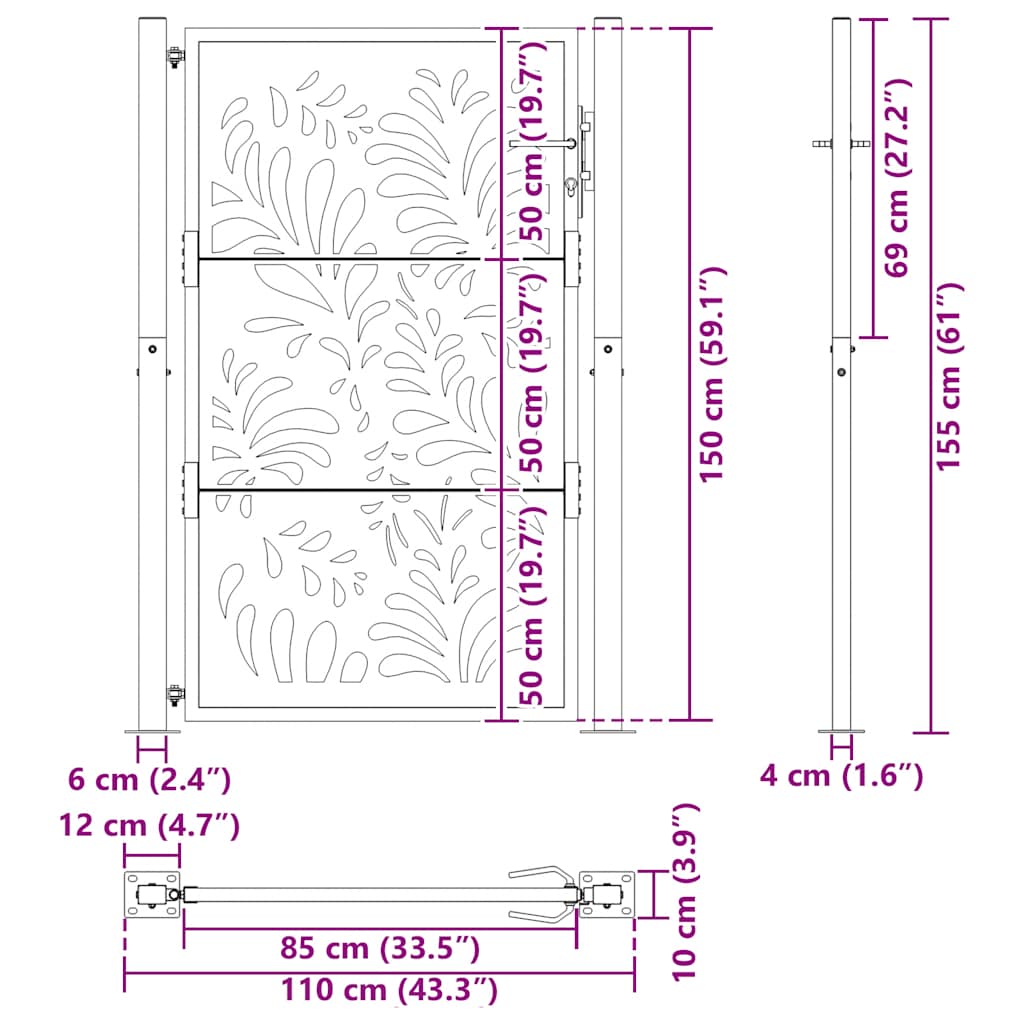 Cancello da giardino nero 100x150 cm in acciaio design ondulato | homemem39
