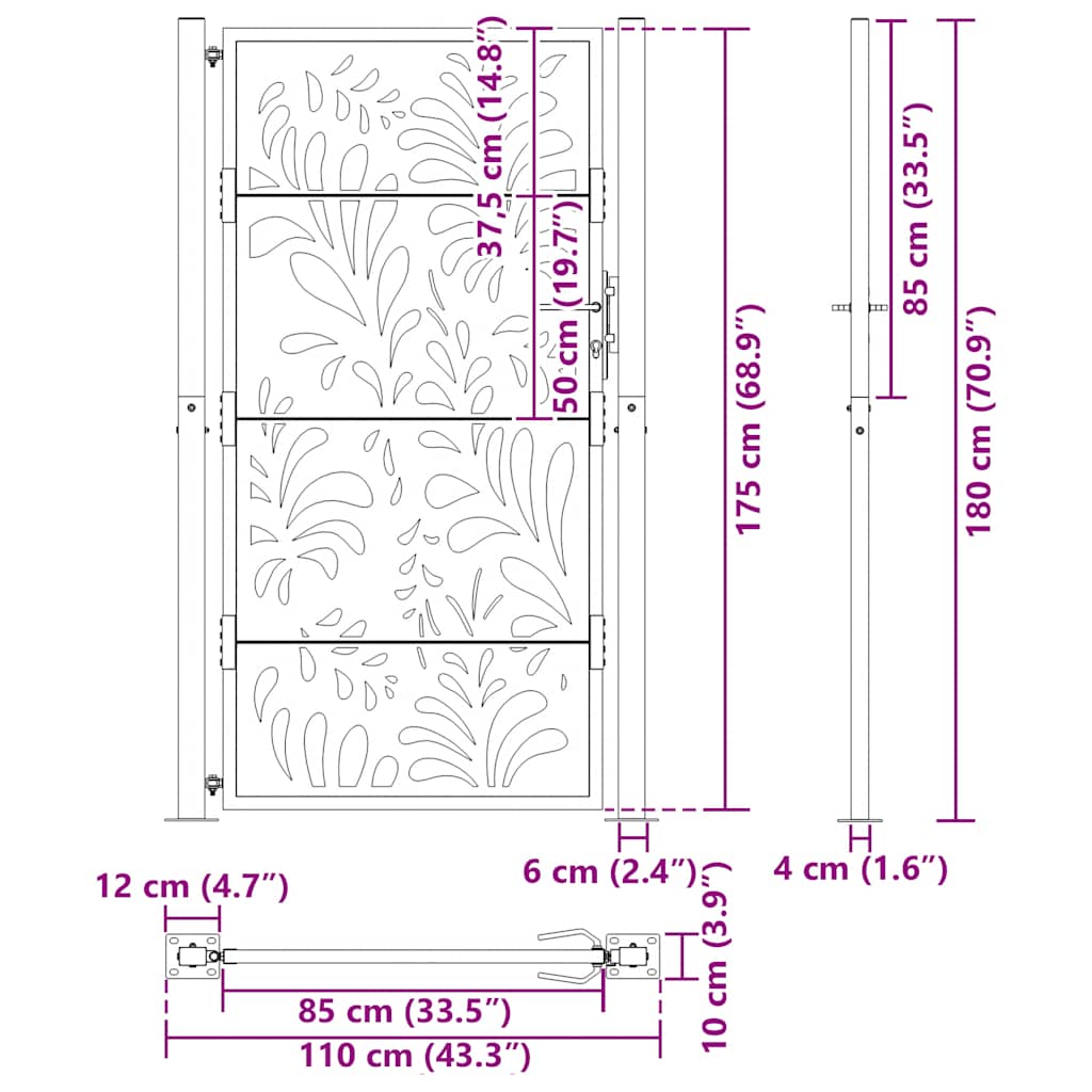 Cancello da giardino nero 100x175 cm in acciaio design ondulato | homemem39