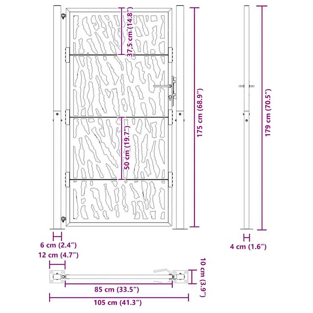 Cancello da giardino 100x175 cm in acciaio corten con design a traccia | homemem39