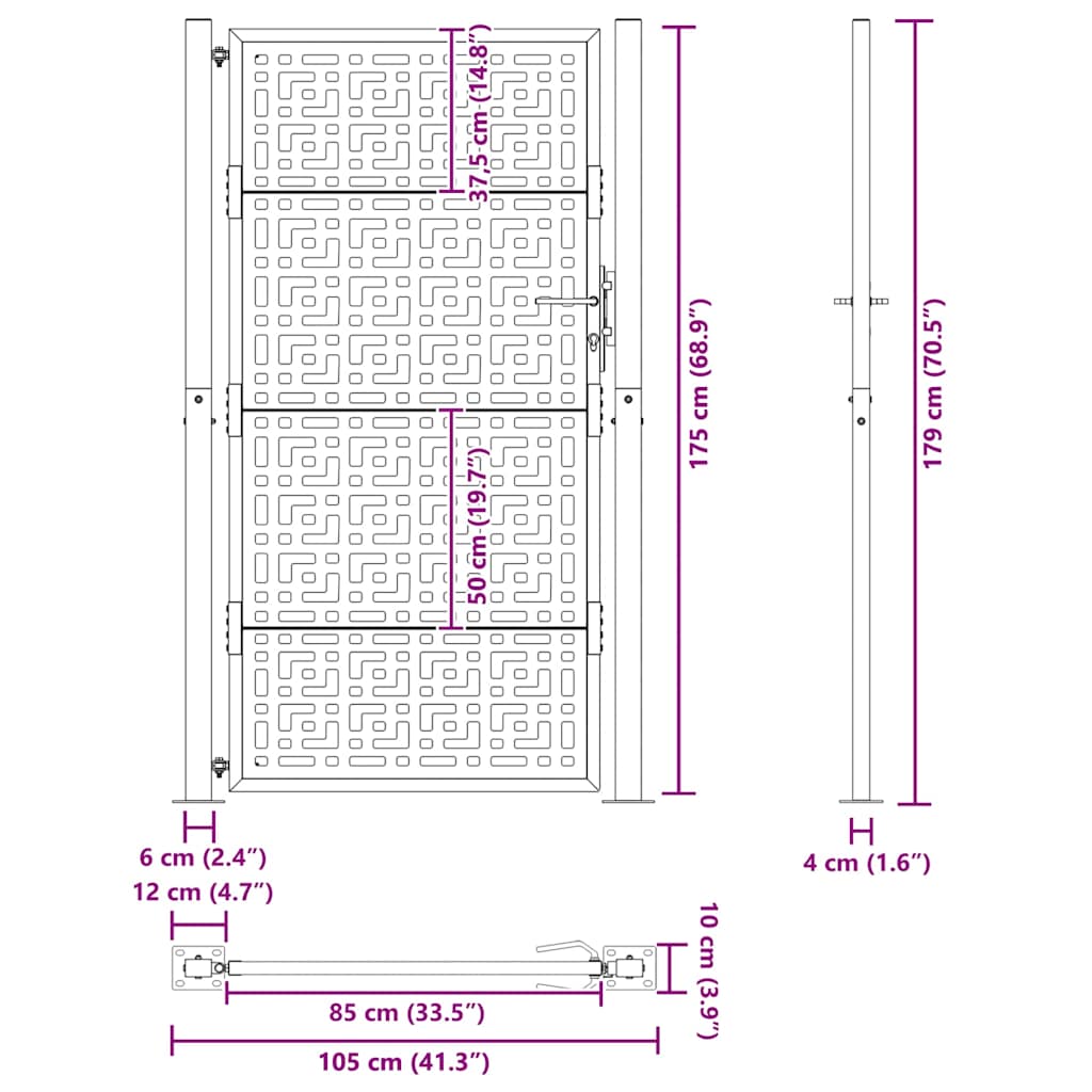 Cancello da giardino 100x175 cm in acciaio corten con design a croce | homemem39