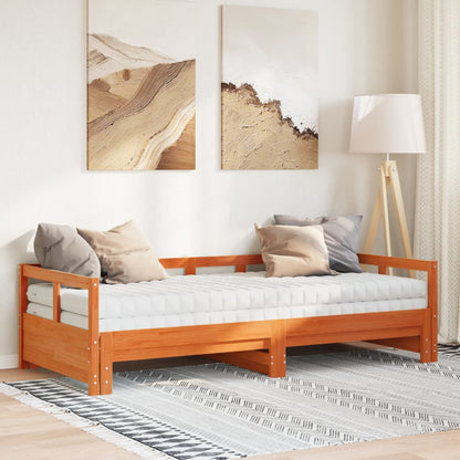 Divano Letto con Rotelle e Materasso Marrone Cera 80x200cm Pino | homemem39
