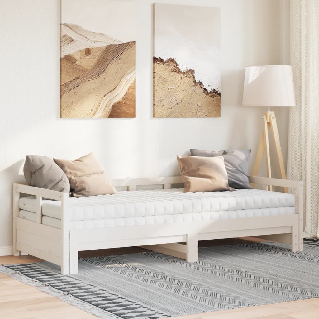 Divano Letto con Rotelle e Materasso Bianco 90x190cm Legno Pino - homemem39