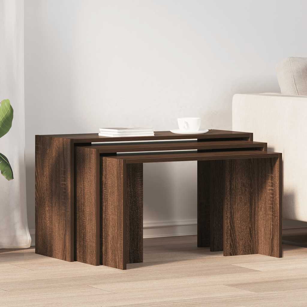 Tavolini Impilabili 3 pz Rovere Marrone in Legno Multistrato