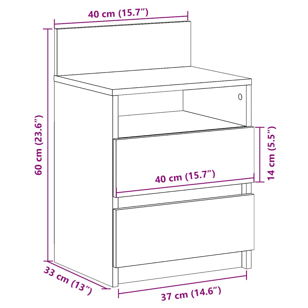 Comodino con 2 Cassetti Rovere Fumo 40x33x60 cm
